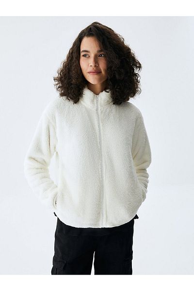 Ltb Cardigan crem cu fermoar cu guler solid