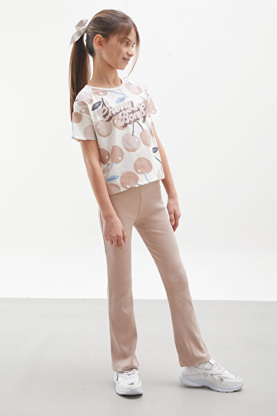 Cansın Mini Beige Cherry Printed Girl's Suit with Spanish Leg Tights 17993