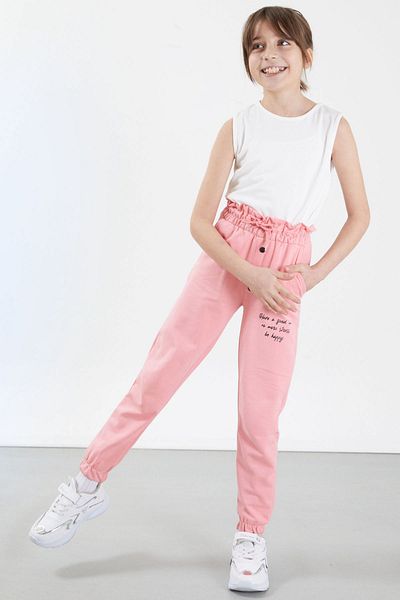 Cansın Mini Pink Have a Good Time Written Button Λεπτομερές κοριτσίστικο παντελόνι 17675