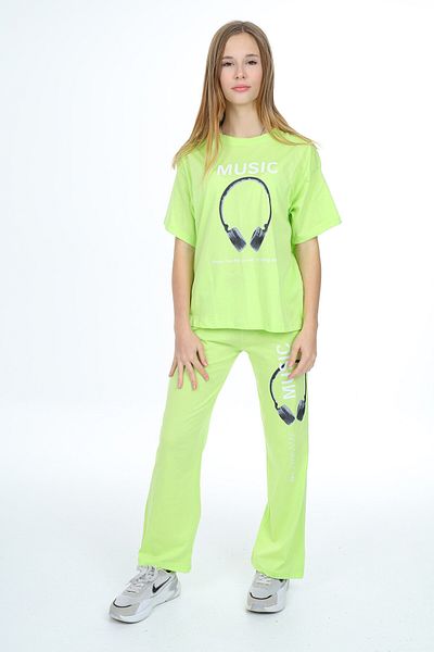 Cansın Mini Green Music Text Printed Girl's Suit 17897