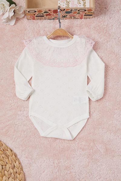 Cansın Mini Ecru Baby Girl Lace Collar Long Sleeve Snap Badi 16841