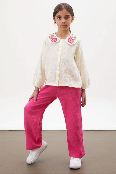 Cansın Mini Fuchsia Lace Collar Shirt Muslin Pants Girl's Suit 18162