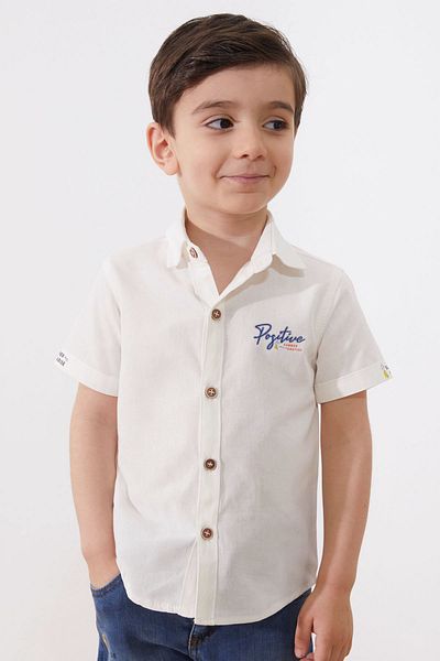 Cansın Mini Boy's Set - Ecru Text Printed Shirt Jean Shorts 18966