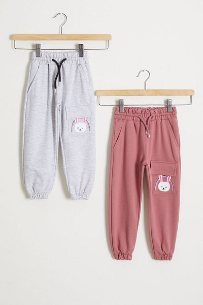 Cansın Mini Girl's Rabbit Printed 2-Piece Sweatpants with Pockets Gray-Dried Rose 18438