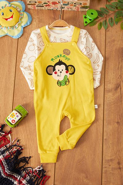 Cansın Mini Yellow Monkey Printed Baby Boy Jumpsuit Set with Badili 17497