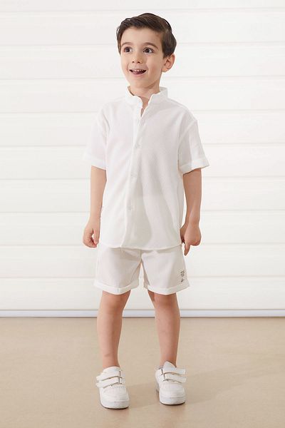 Cansın Mini Boy's Basic Set - White High Collar Shirt and Shorts 18894