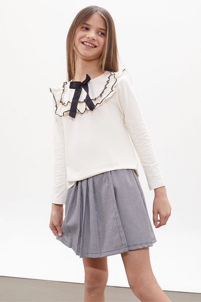 Cansın Mini Μαύρη φούστα με μοτίβο Houndstooth, μπλούζα με φιόγκο, κοριτσίστικο κοστούμι 18265