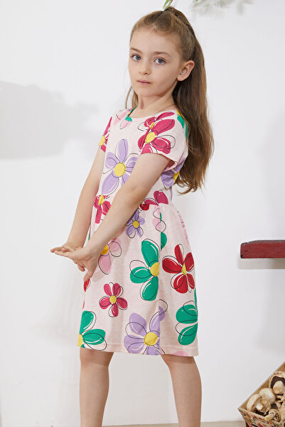 Cansın Mini Κοντό μανίκι Κρεμ φλοράλ εμπριμέ φόρεμα για κορίτσι - 18797