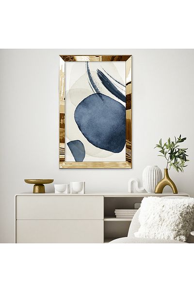 Zevahir Mobilya Dekorasyon Masa din MDF cu un singur cadru din plexiglas cu oglinda aurie, cu design abstract, albastru și pastel
