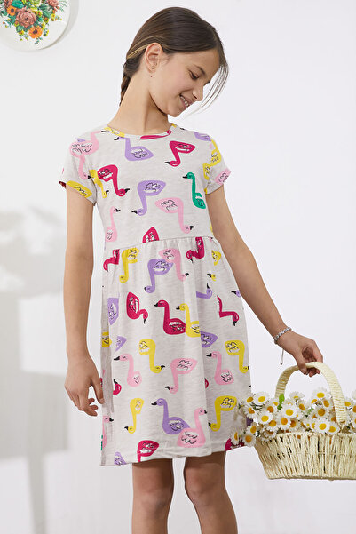 Cansın Mini Καλοκαιρινό φόρεμα για κορίτσια Cream Swan Printed - Κοντό μανίκι