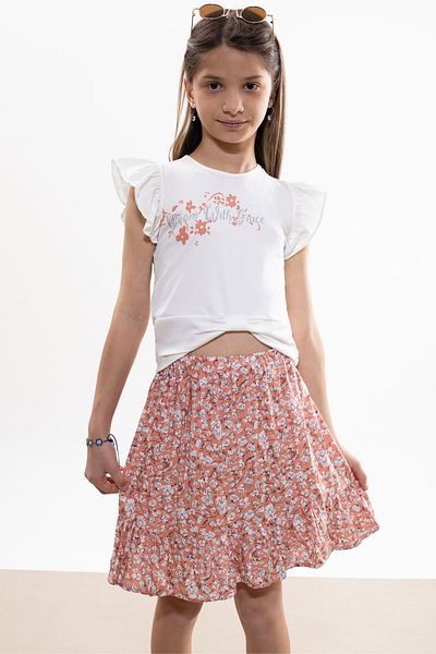 Cansın Mini Orange Floral Patterned Skirted Printed T-Shirt Girl's Suit 18507