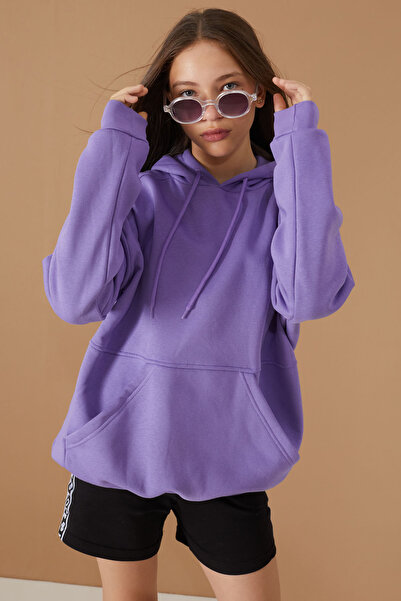 Cansın Mini Kız Çocuk Mor Basic Uzun Kol Şardonlu Kapüşonlu Sweatshirt 19187
