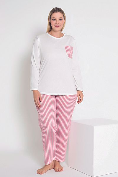 MyBen Ecru Striped Women's Pajama Set - Long Sleeve B-44