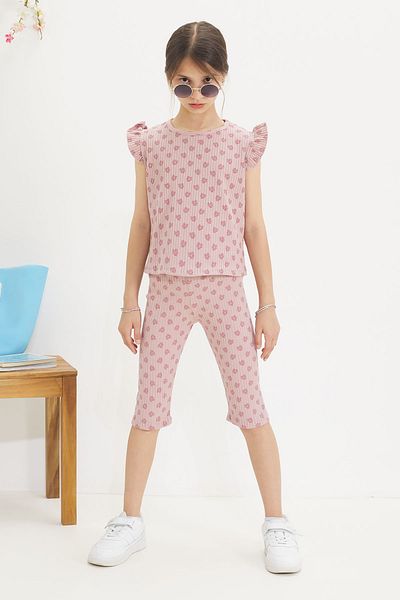 Cansın Mini Dark Pink Floral Patterned Zero Sleeve Badli Shorts with Leggings Girls' Suit 18652