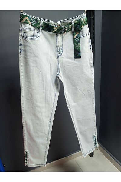 AKŞEN GİYİM Pantaloni de blugi largi, cu talie înaltă, din lycra spălată, din țesătură denim, cu centură cadou