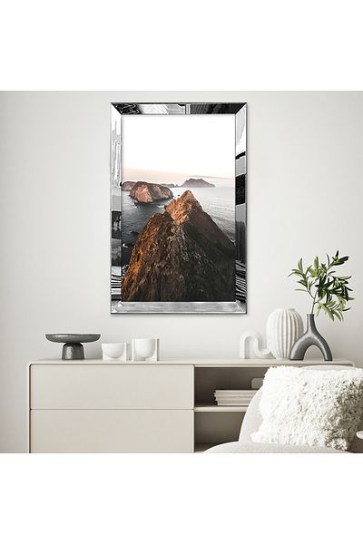 Zevahir Mobilya Dekorasyon Masă MDF simplă de munte și mare cu cadru din plexiglas cu oglindă argintie