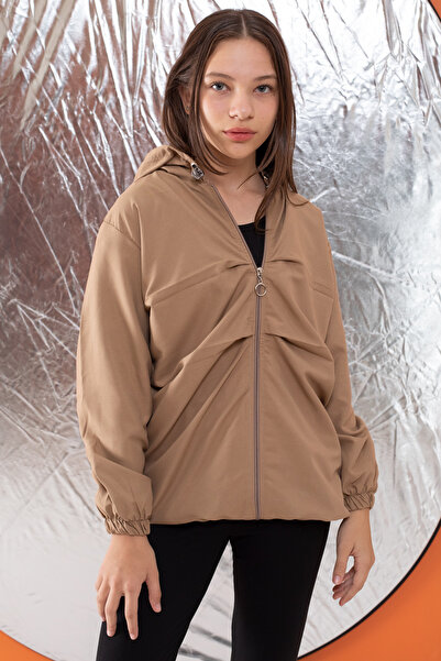 Cansın Mini Girl's Brown Hooded Parachute Cardigan - Zippered 18499