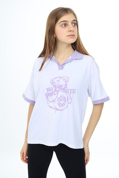 Cansın Mini Тениска с принт на мече и яка Oversize за момичета, бяла, 17821