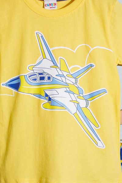 Cansın Mini Yellow Airplane Printed T-shirt Set with Boys' Shorts 18657
