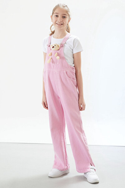 Cansın Mini Pink Teddy Bear Pocket Slit Girl's Salopet Jumpsuit 17716