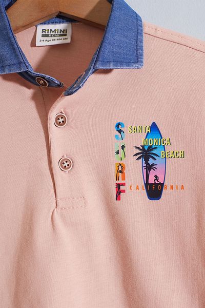 Cansın Mini Boy's Set - Salmon Polo Collar, Surf Printed Jean Shorts, 18922