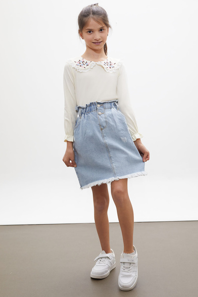 Cansın Mini Екрю квіткова вишивка блуза з джинсовою спідницею для дівчинки 18166