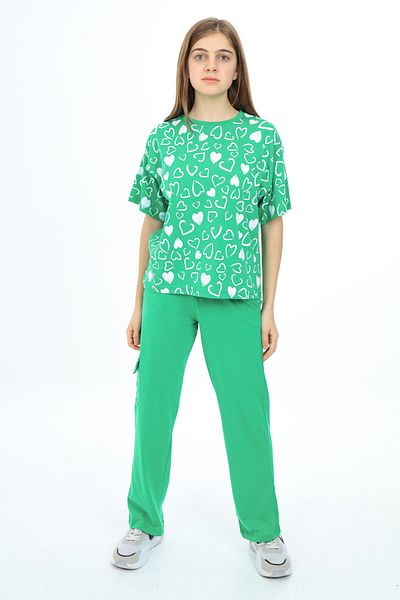 Cansın Mini Green Heart Printed Girl's Suit 17877