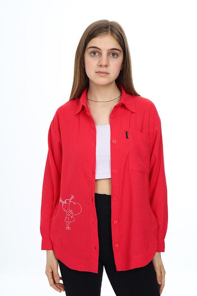 Cansın Mini Cămașă pentru fetiță, cu nasturi, cu imprimeu inimă fucsia, cu detaliu cu fante 18424