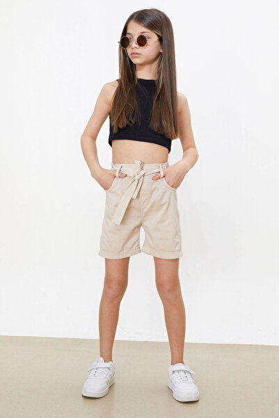 Cansın Mini Beige Elastic Waist Belted Girl's Shorts 18478