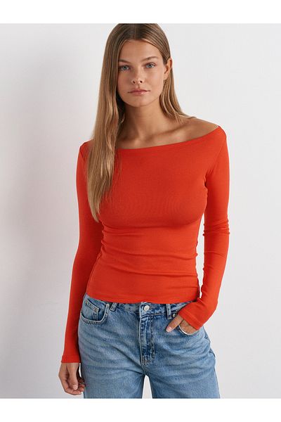 Dilvin 31332 Boat Neck Long Sleeve Ball-Red
