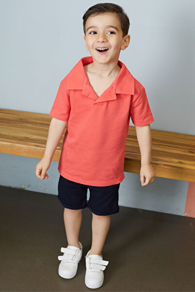 Cansın Mini Baby Boy Pink Polo Collar T-shirt with Shorts Set 18629