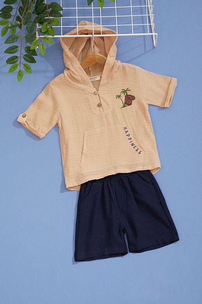 Cansın Mini طقم شورت للأولاد الصغار بجيب الكنغر وطبعة النخيل البيج 18517