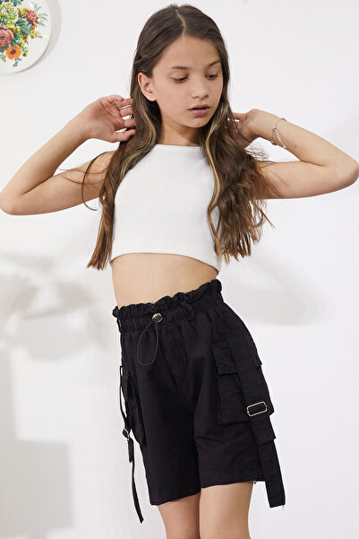 Cansın Mini Siyah Kargo Cepli Beli Lastikli Kız Paraşüt Şort 18857