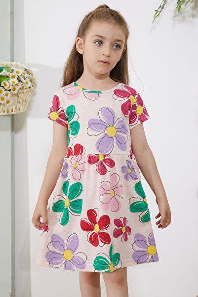 Cansın Mini Κοριτσίστικο κοντομάνικο φόρεμα με φλοράλ στάμπα - 18795