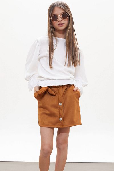 Cansın Mini Tan Suede Skirt Long Sleeve Girl's Suit with Blouse 18264