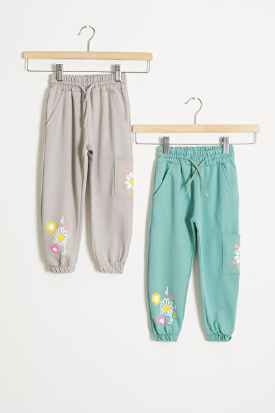 Cansın Mini Girl's Flower Printed 2-Piece Sweatpants Beige-Green 18390