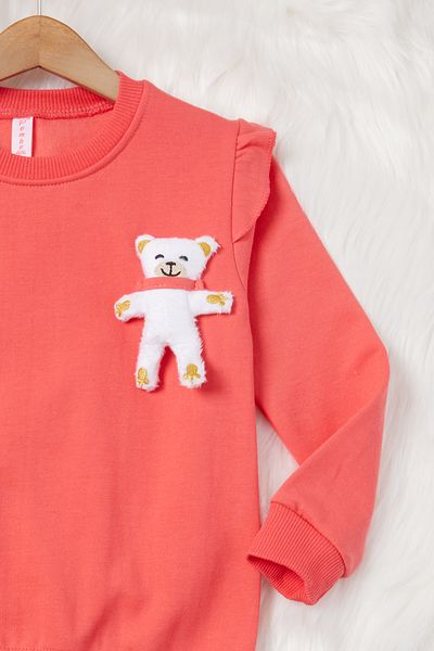 Cansın Mini Red Teddy Bear Sweatshirt with Flounce Sleeves for Girls 16986