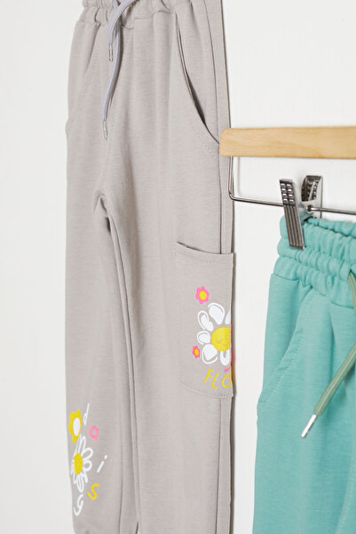 Cansın Mini Girl's Flower Printed 2-Piece Sweatpants Beige-Green 18390