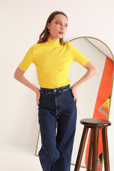 Cream Knitwear Fabric Fisherman Ribbed Women's Blouse-Yellow