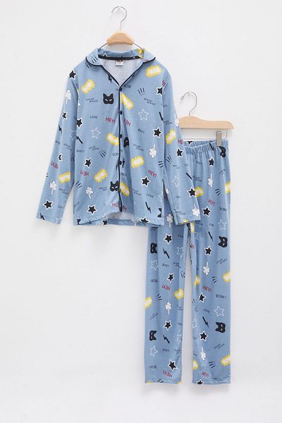 Cansın Mini Set de pijamale pentru băieți cu imprimeu cu desene animate albastre 18134