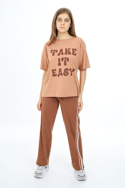 Cansın Mini Brown Text Printed Short Sleeve Girl's Suit 17952