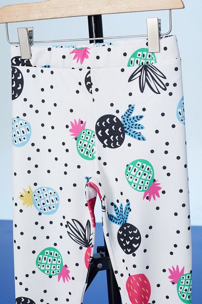 Cansın Mini White Polka Dot Pineapple Printed Girl's Ribbed Leggings 18305