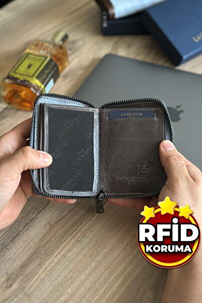 La La'Graccio Paris La'Graccio Paris Lancoves Men's Zippered Genuine Leather Handy Wallet Crazy Gray