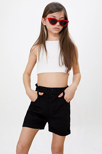 Cansın Mini Siyah Yüksek Bel Çift Düğmeli Kız Jean Şort 18481