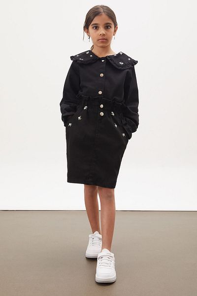 Cansın Mini Girl's Suit with Black Jean Shirt and Floral Embroidery Denim Skirt 17958