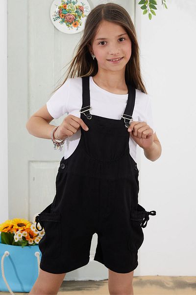 Cansın Mini Girl's Black Shorts Salopet Jumpsuit - With Chest Pocket 18775