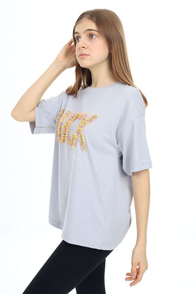 Cansın Mini Γκρι Luck Written Crew Neck T-shirt για κορίτσια 17805