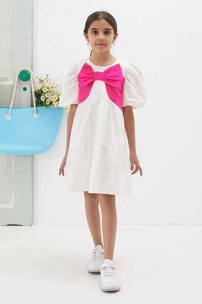 Cansın Mini Ecru Bow Short Sleeve Girl's Dress 18626