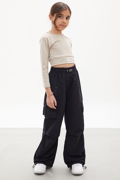 Cansın Mini Black Zipper Pocket Girl's Parachute Trousers 18160