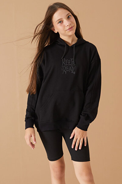 Cansın Mini Girl's Hooded Black Sweatshirt - Keep Read Printed 19357